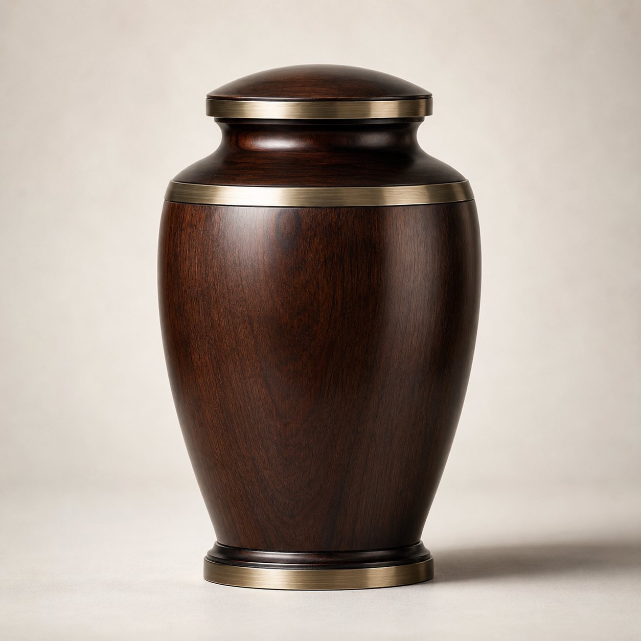 Urna cineraria in legno di noce con bordatura in ottone